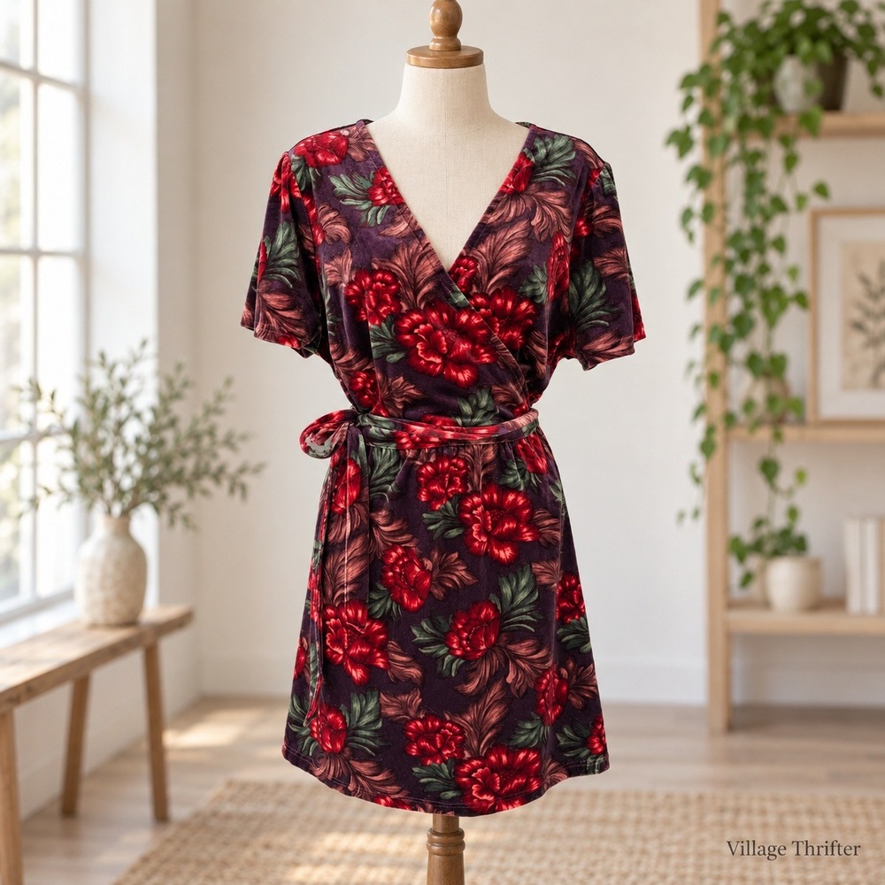 Forever 21 Wrap Dress Womens 2X Burgundy Velvet Dark Floral Wrap Whimsigoth NWT